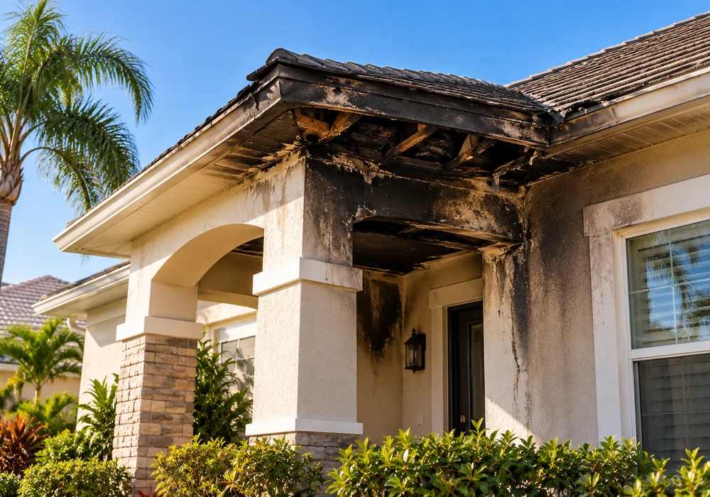 Residential home showing visible fire and smoke damage (illustrative image)