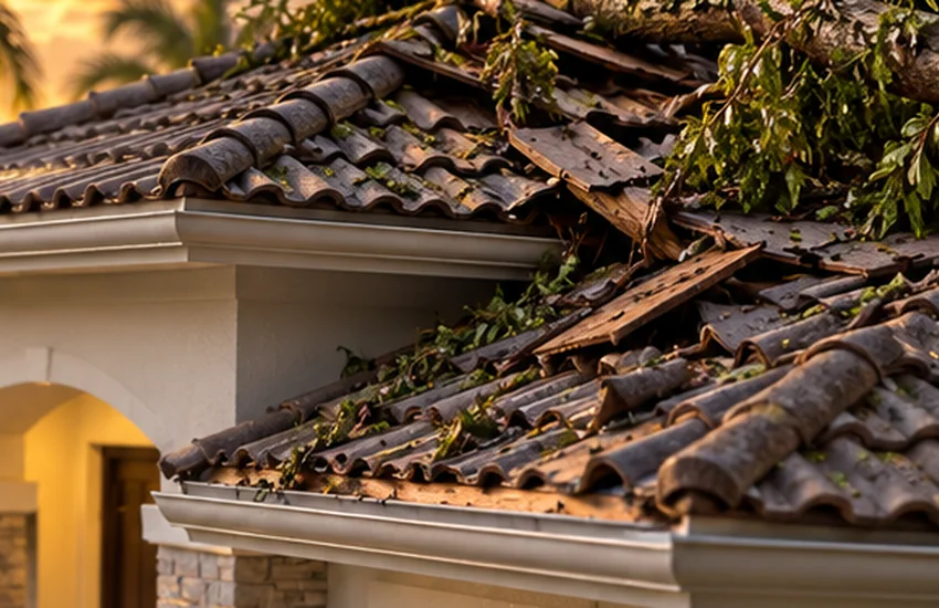 Illustrative storm-exposed roofing photo